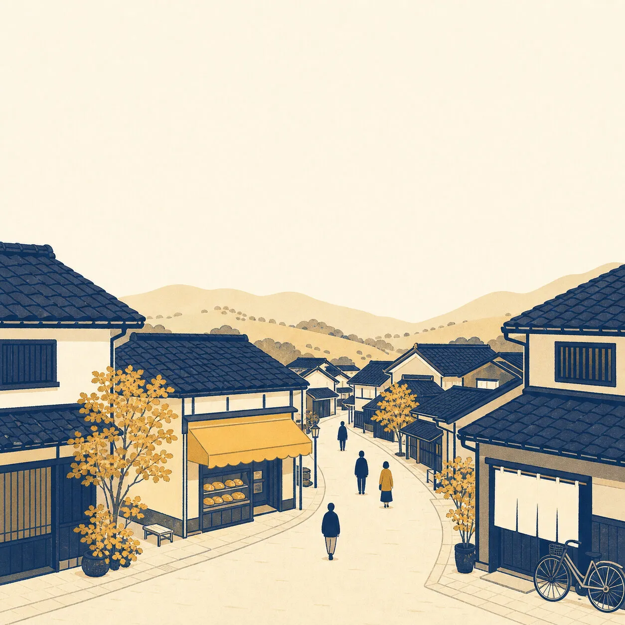 瓦屋根の商店や住宅が並び、人が行き交う地域のまちなみのイラスト